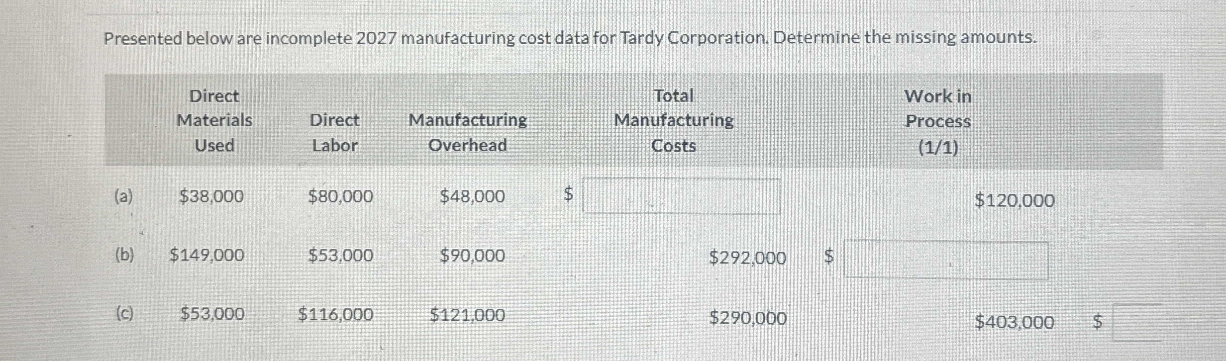 Presented below are incomplete 2 0 2 7