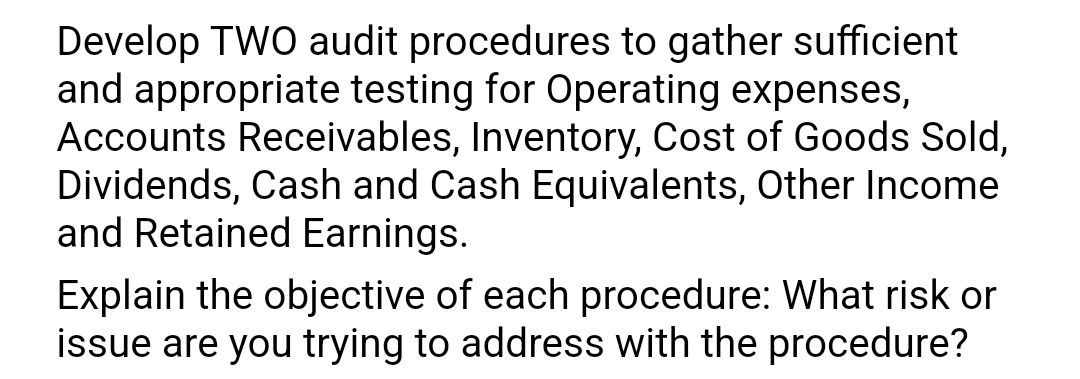Develop TWO audit procedures to gather sufficient