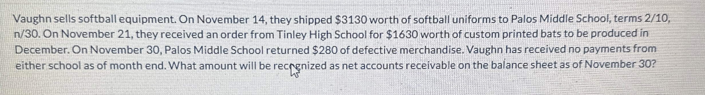 Vaughn sells softball equipment. On November 1 4