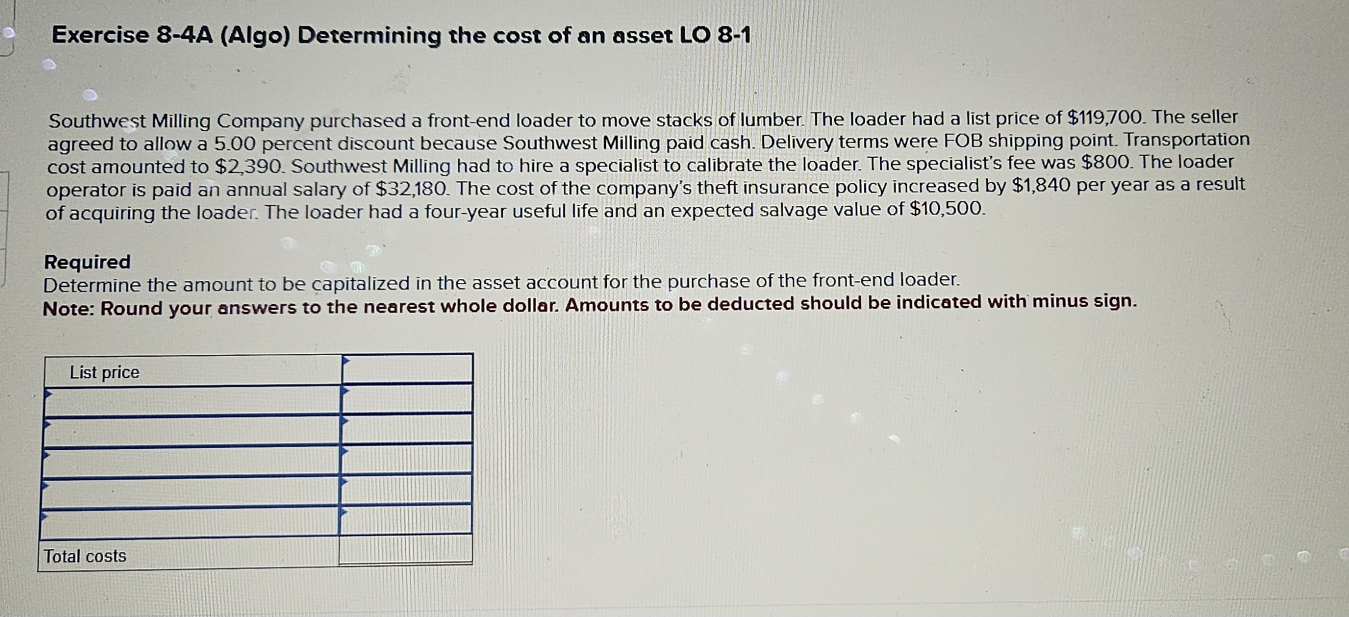 Exercise 8 - 4 A ( Algo ) Determining the cost of