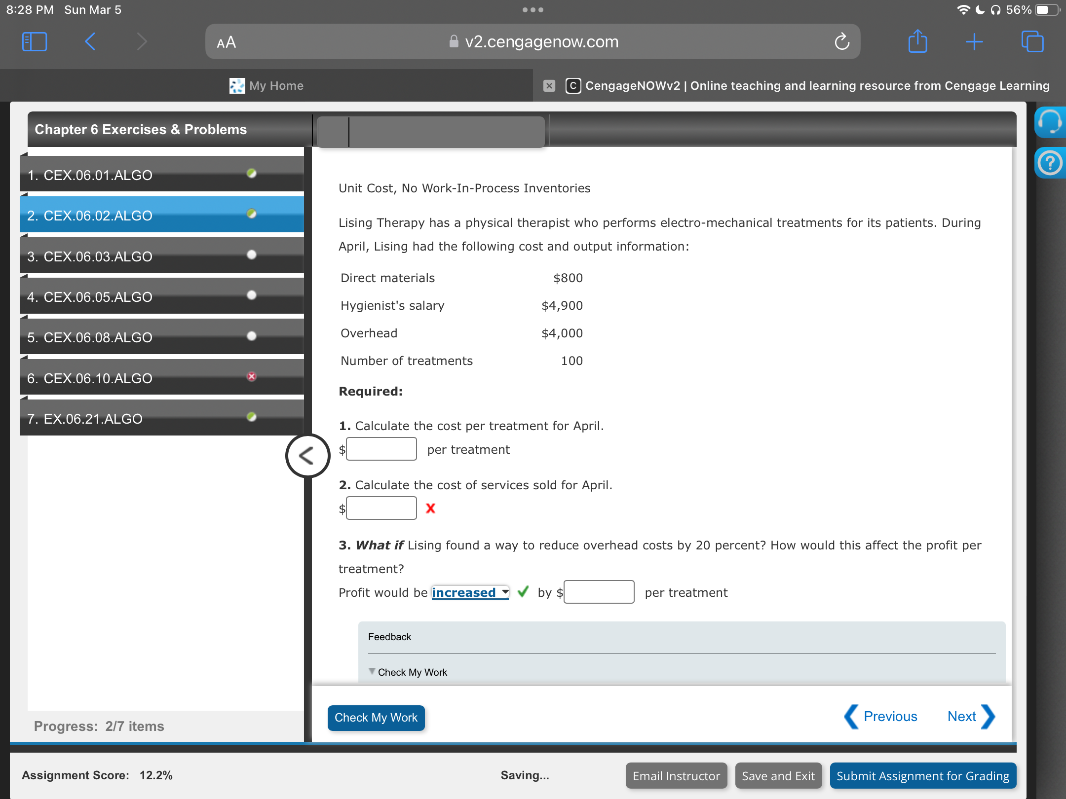 8:28 PM Sun Mar 5 . . . 56% AA v2.cengagenow.com