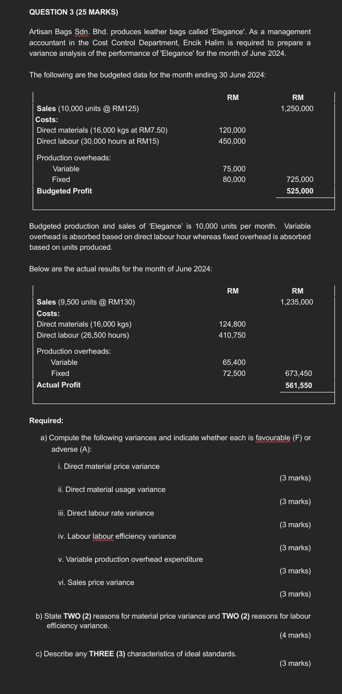 QUESTION 3 ( 2 5 MARKS ) Artisan Bags Sdn . Bhd .