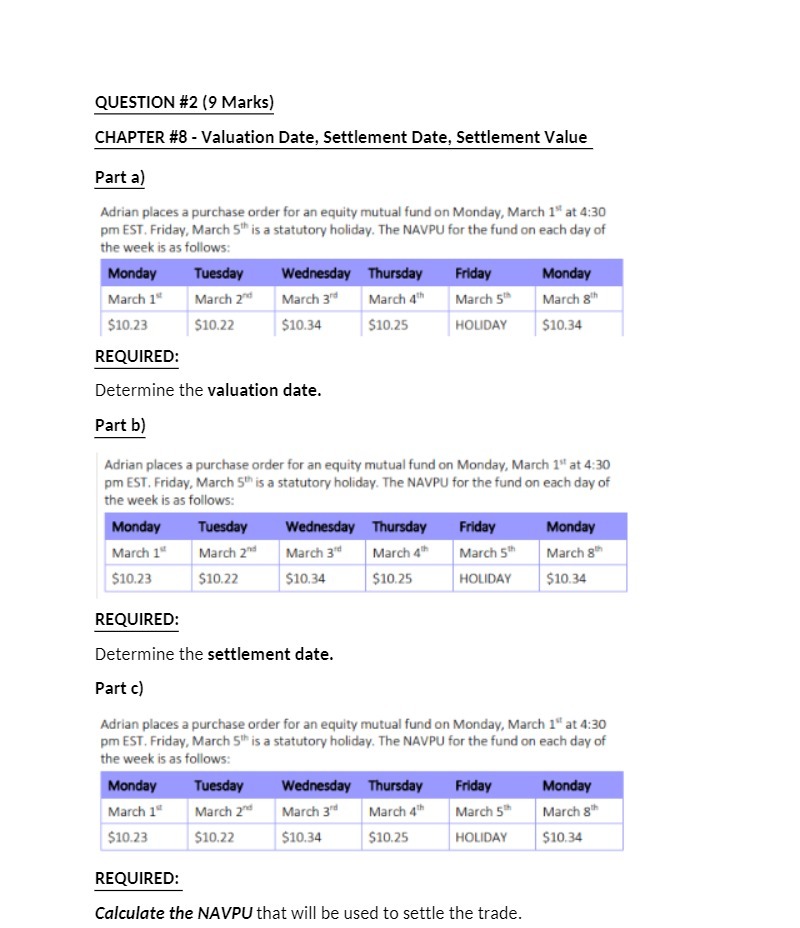 QUESTION #2 (9 Marks) CHAPTER #8 - Valuation