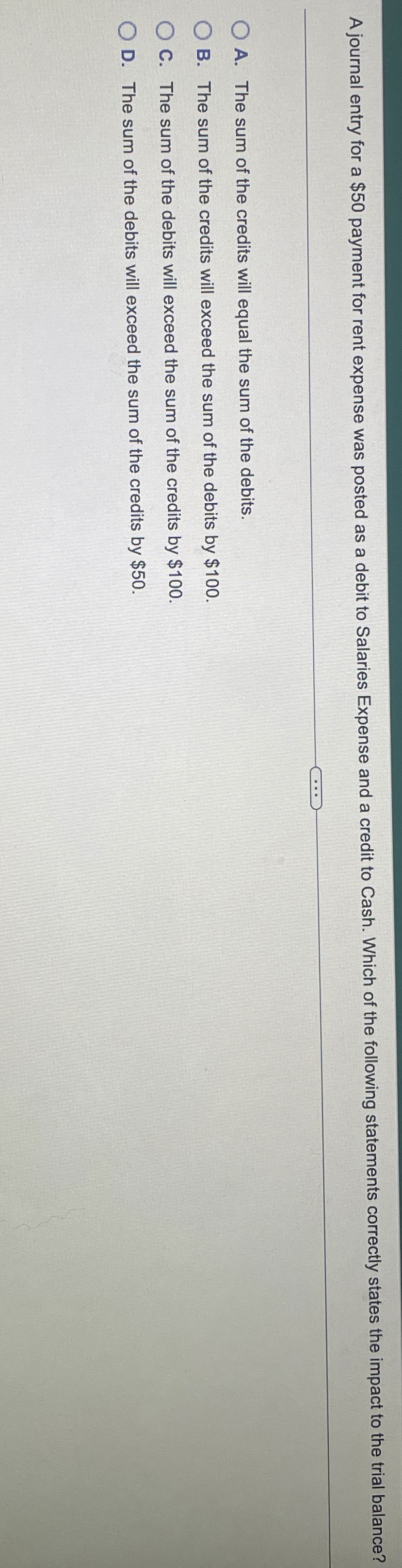 A journal entry for a $ 5 0 payment for rent