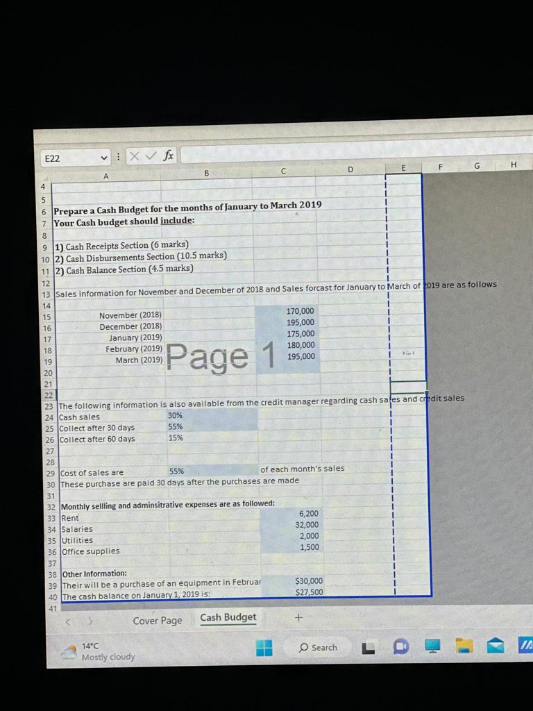 E22 viXVf A B C D E F G H 6 Prepare a Cash Budget