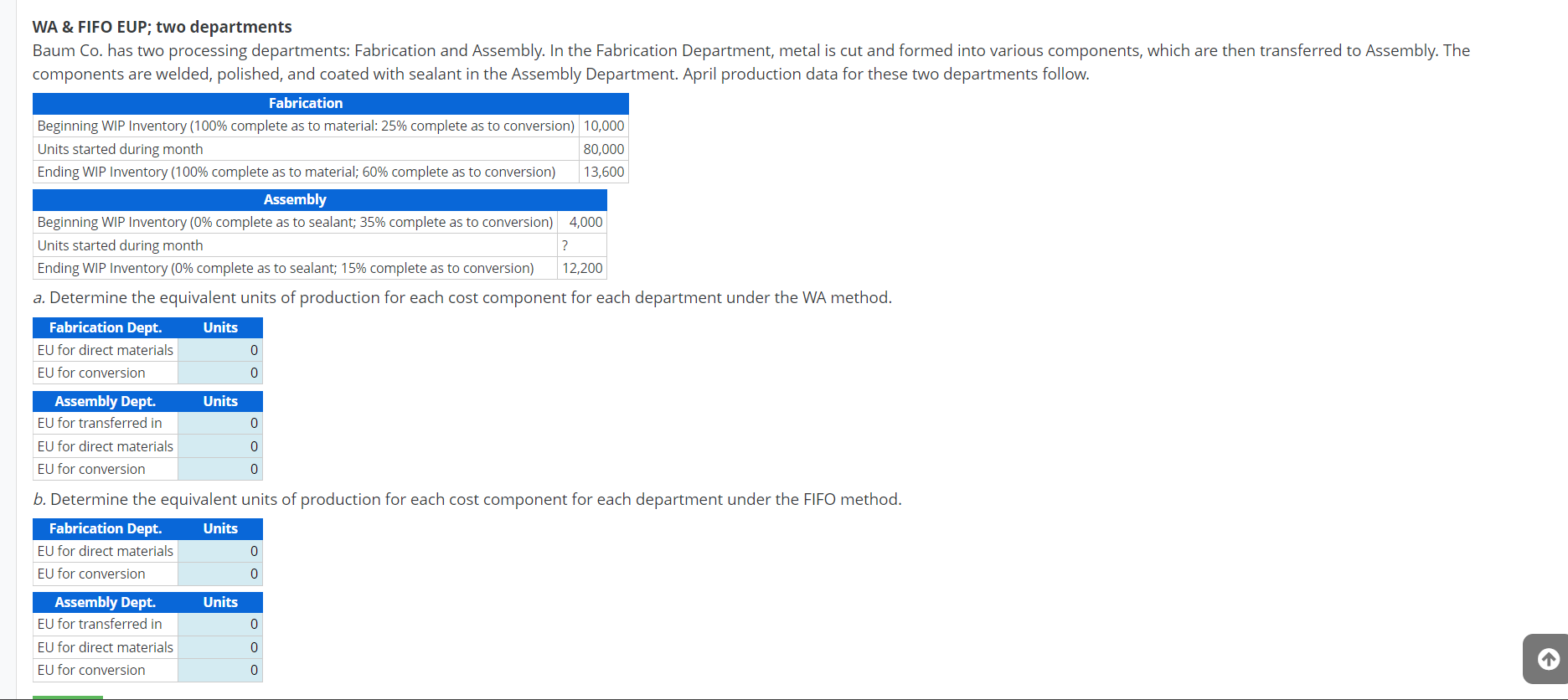 WA St FIFO EUP: two departments Baum Co. has two