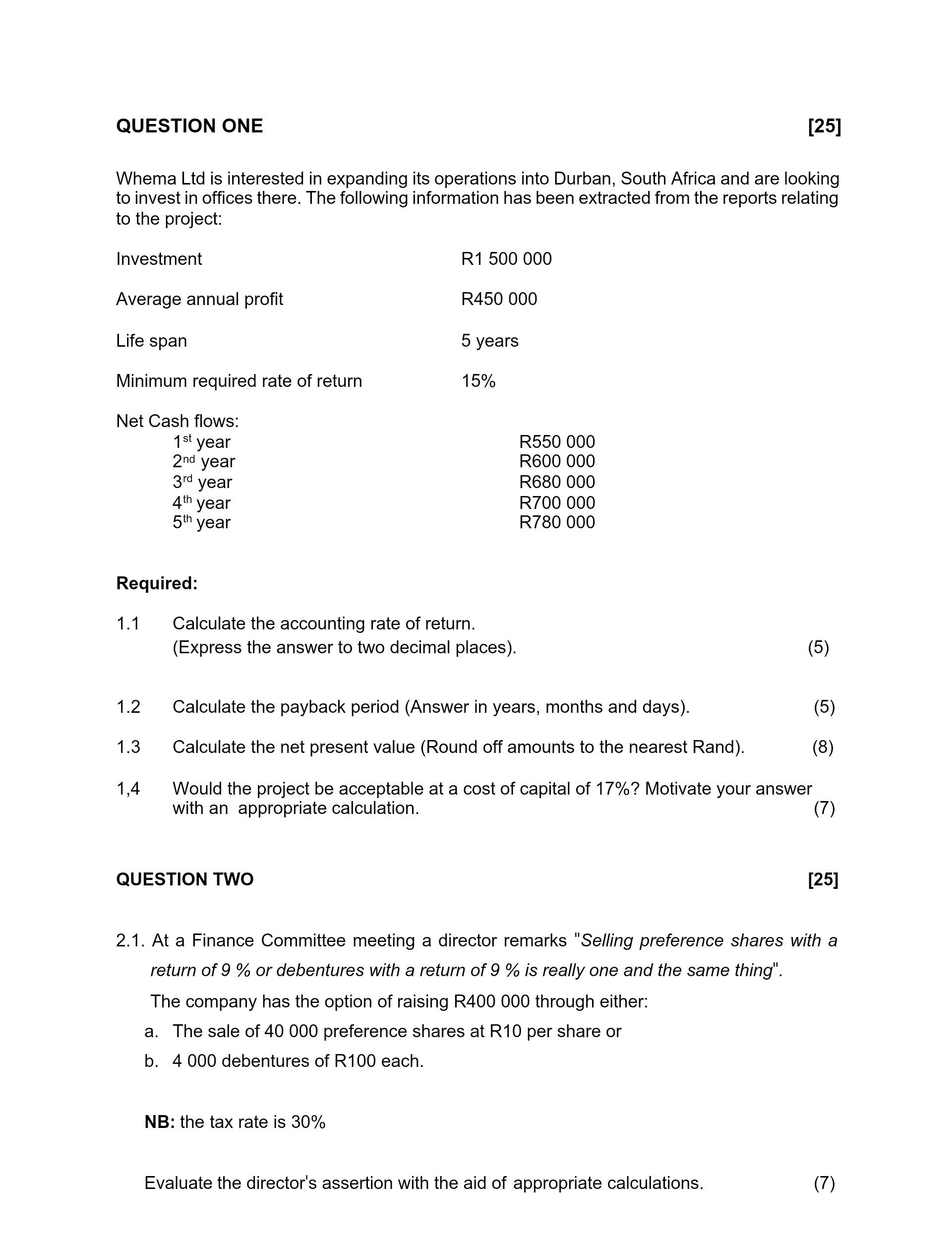 QUESTION ONE [25] Whema Ltd is interested in