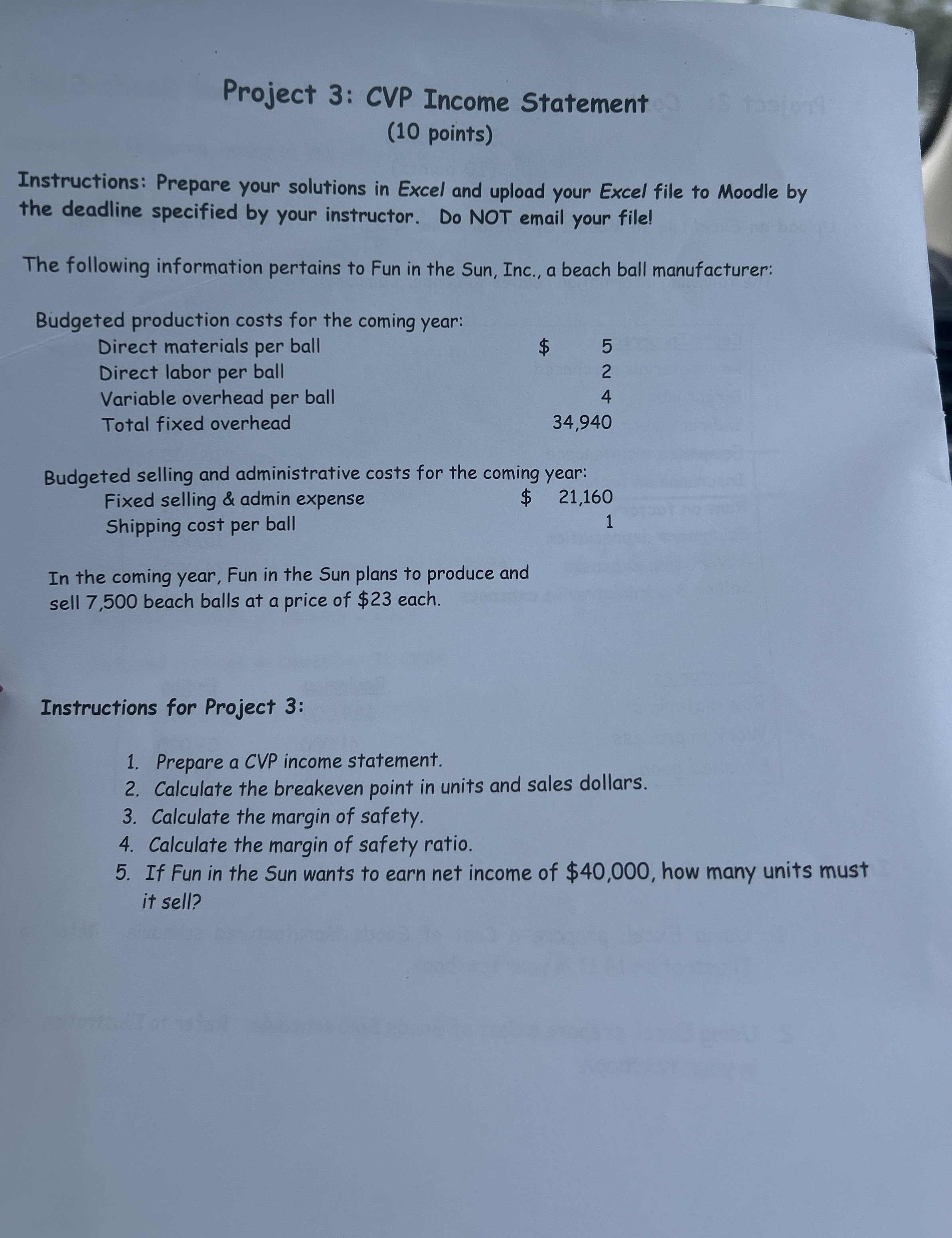 Project 3 : CVP Income Statement ( 1 0 points )