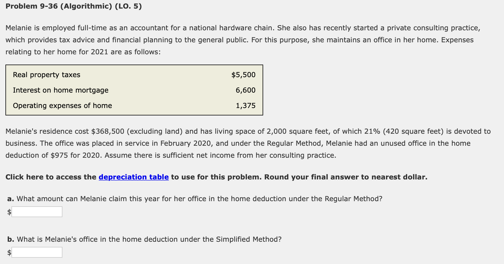 Problem 9-36 (Algorithmic) (LO. 5) Melanie is