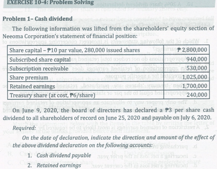EXERCISE 10-4: Problem Solving Problem 1- Cash