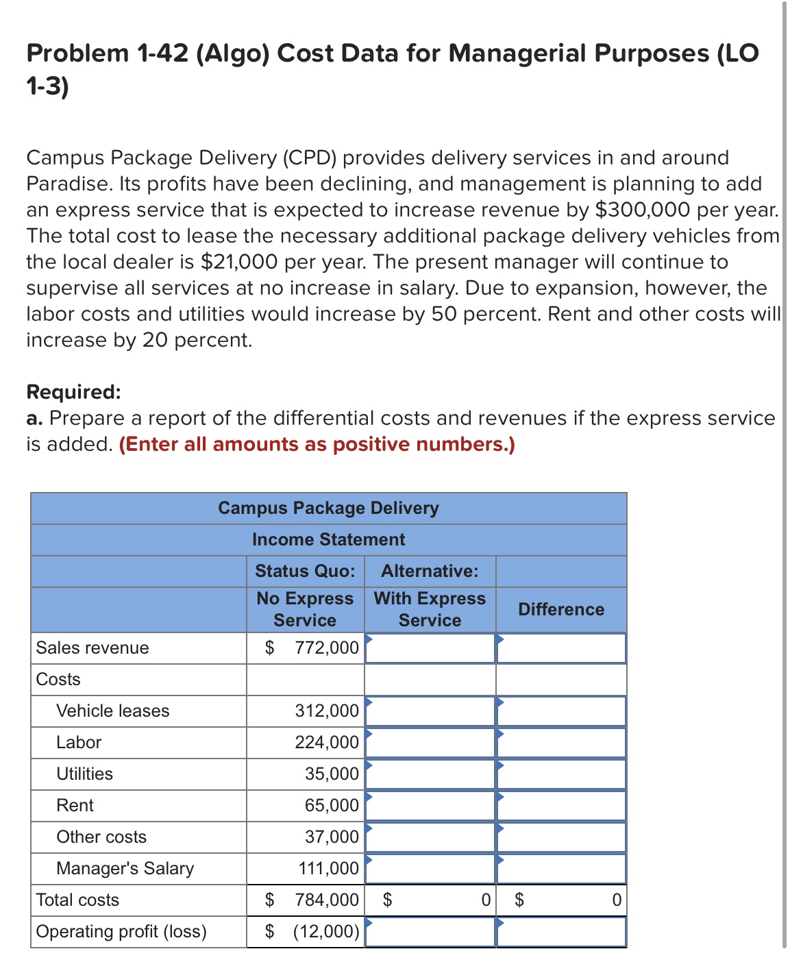 Problem 1-42 (Algo) Cost Data for Managerial