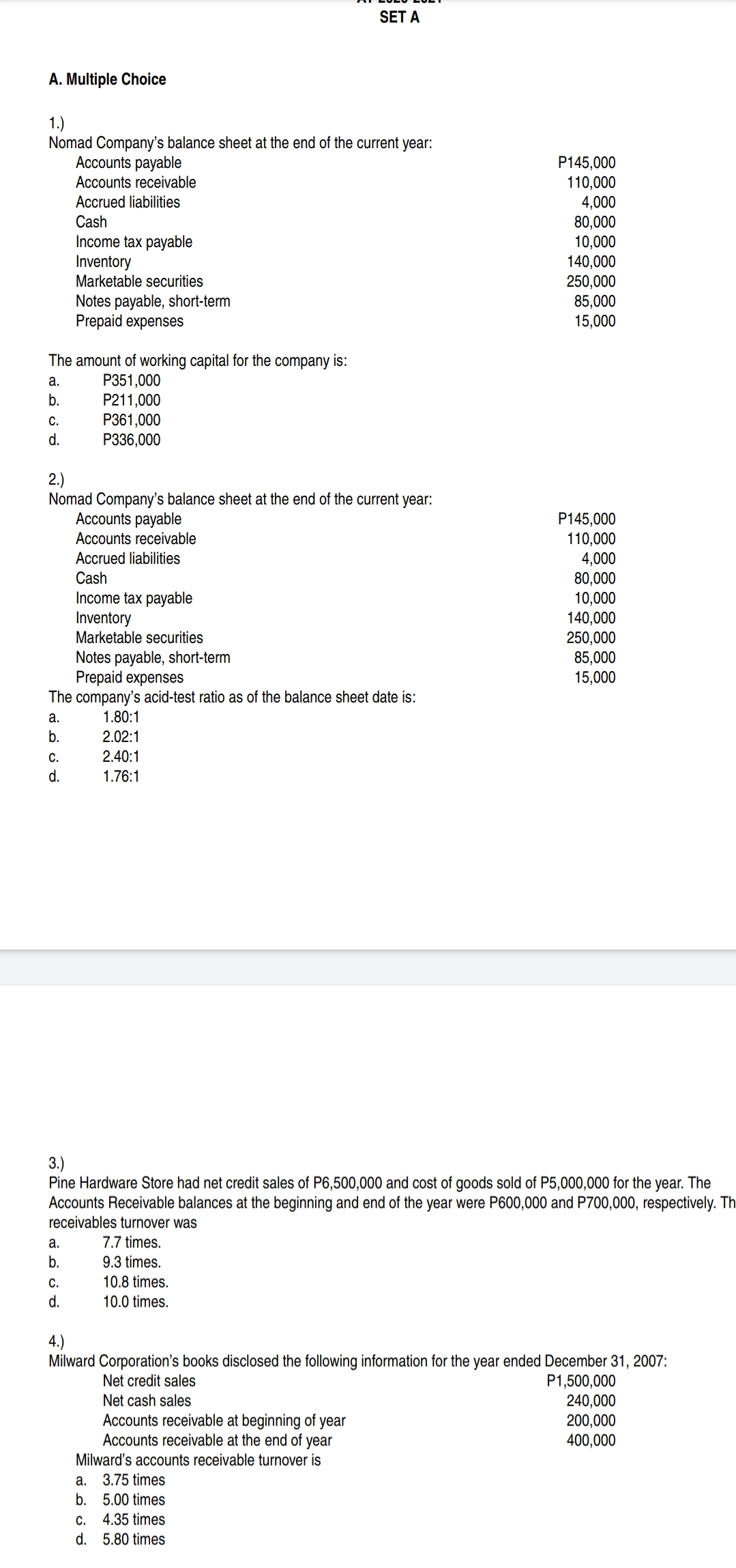 n. vv v . SET A A. Multiple Choice 1.) cmad