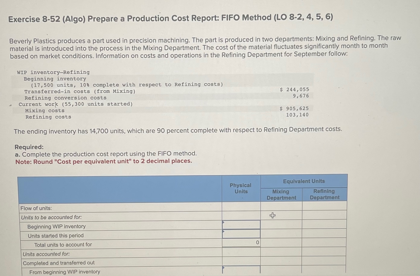 Exercise 8-52 (Algo) Prepare a Production Cost