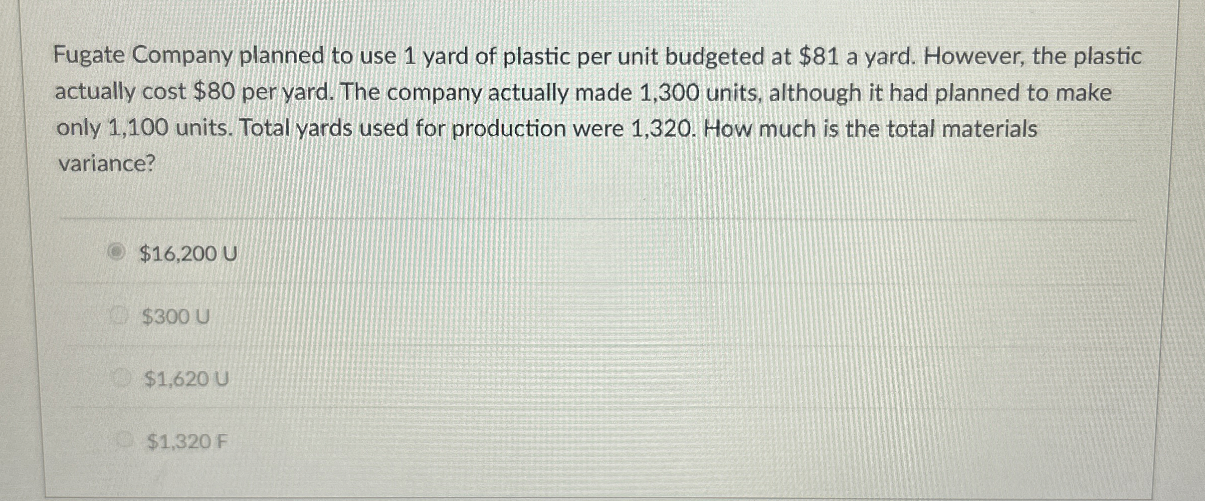 Fugate Company planned to use 1 yard of plastic