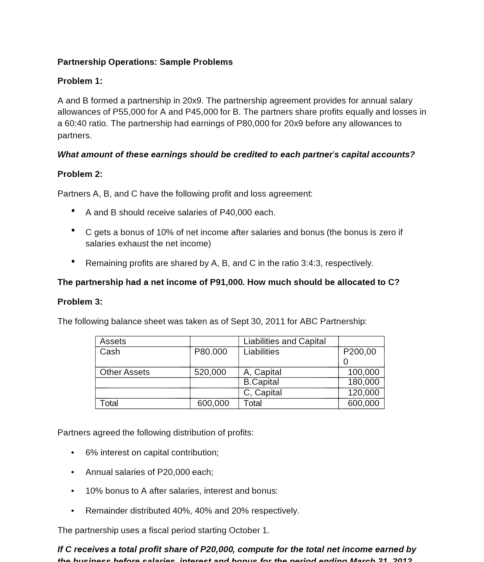 Partnership Operations: Sample Problems Problem
