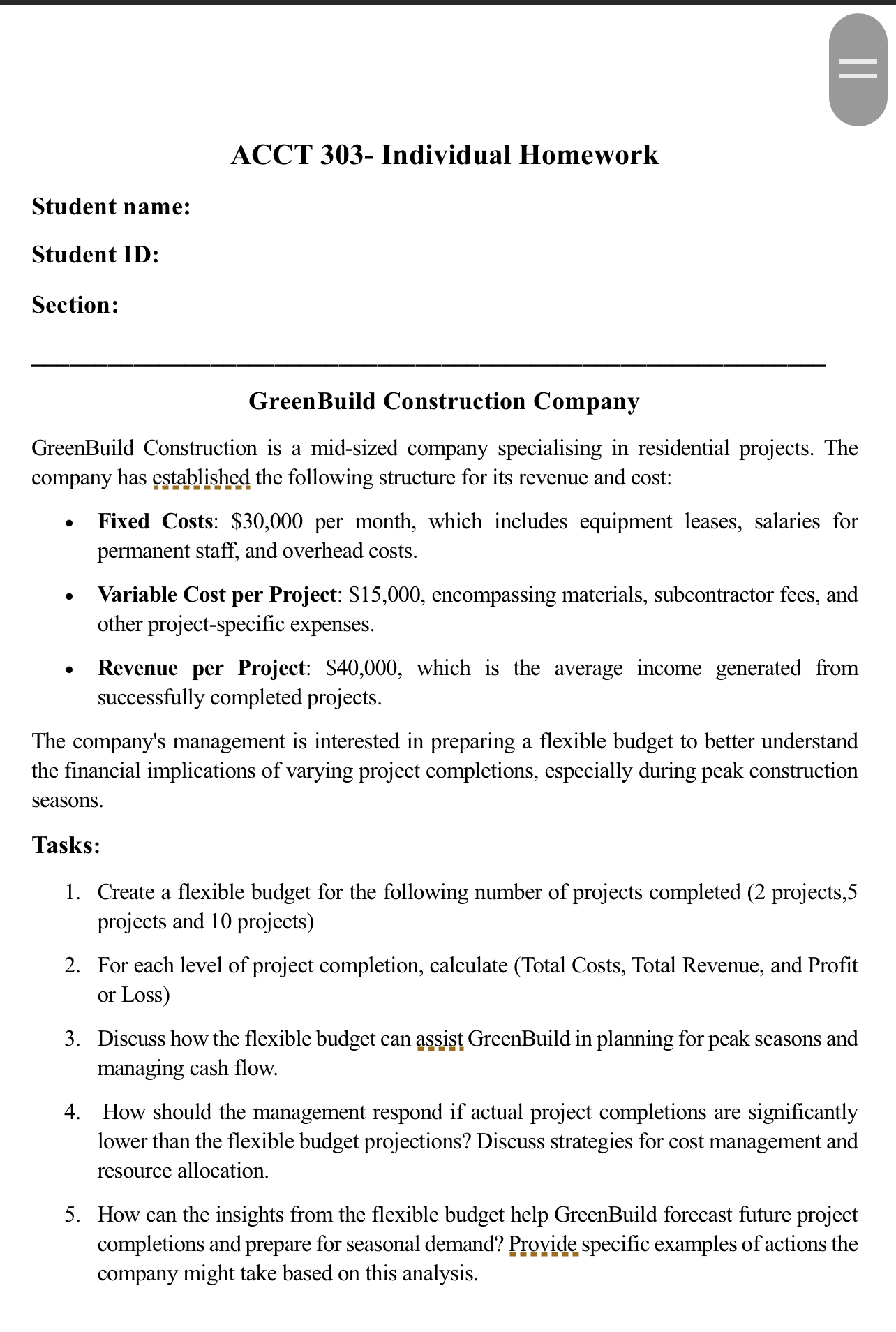 ACCT 3 0 3 - Individual Homework Student name: