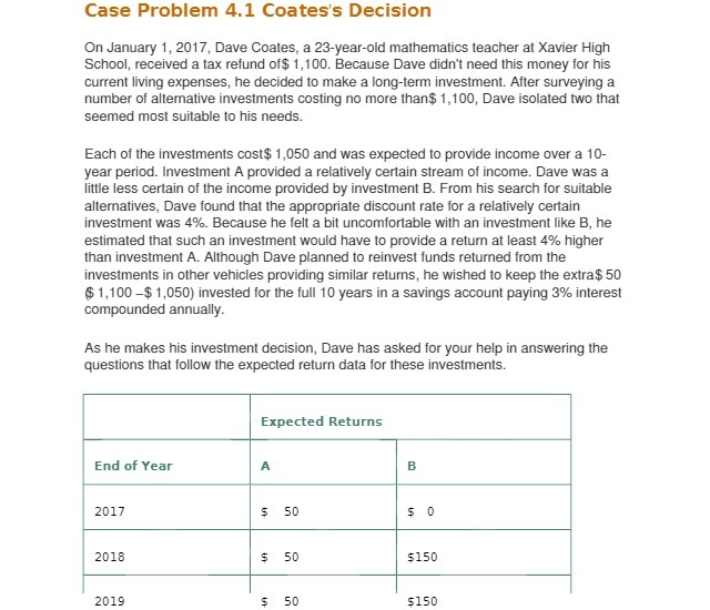 Case Problem 4.1 Coates's Decision On