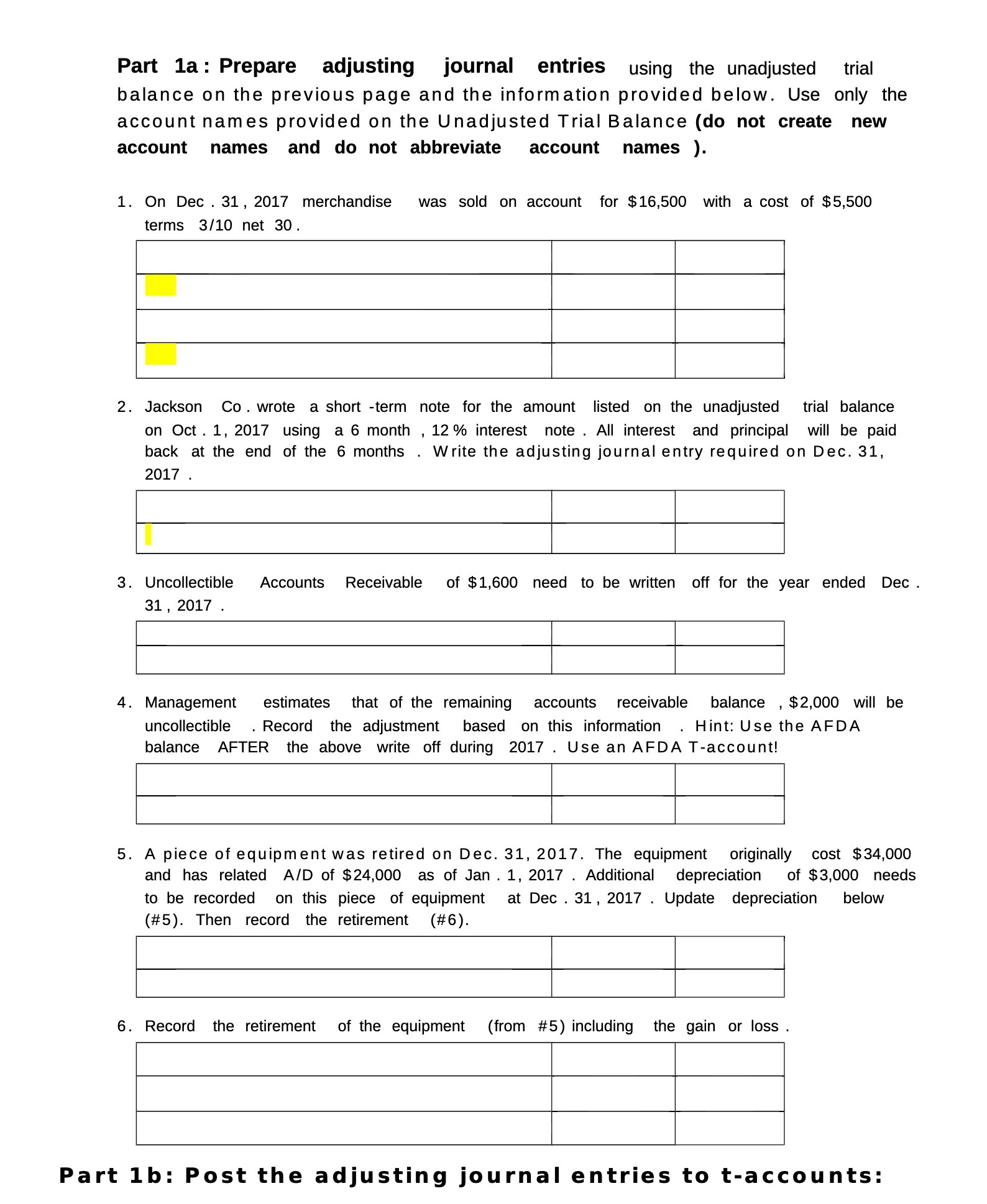 Part 1a: Prepare adjusting journal entries using