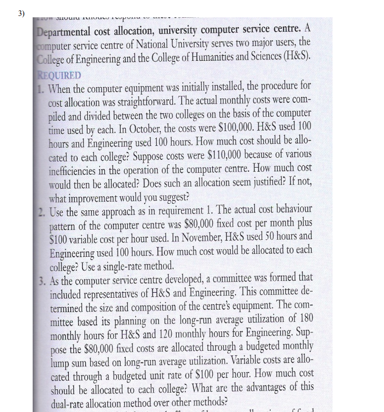 3) Departmental cost allocation, university