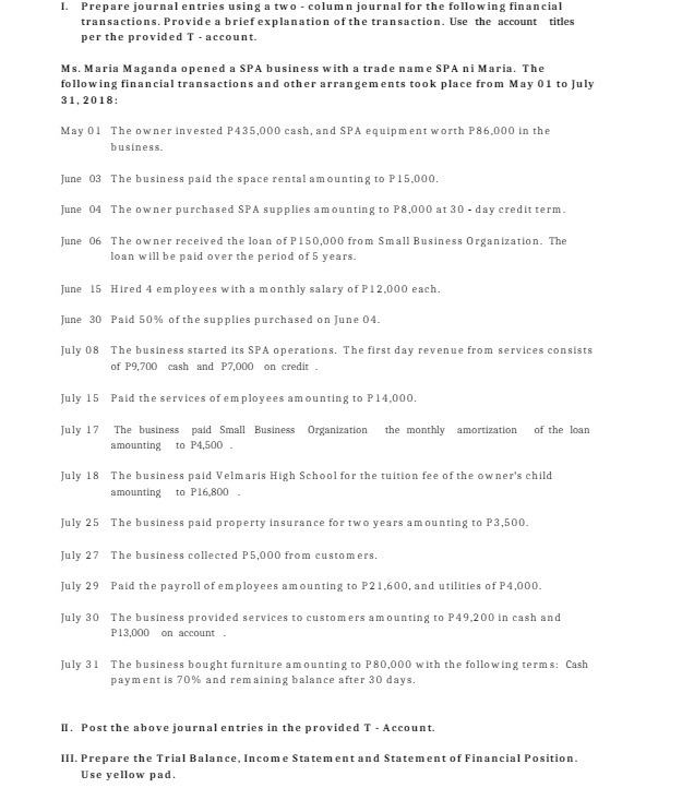 I. Prepare journal entries using a two - column