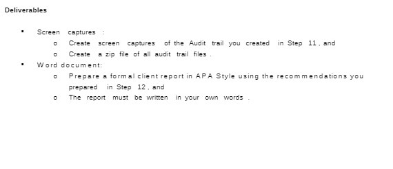 Deliverables Screen captures Create screen