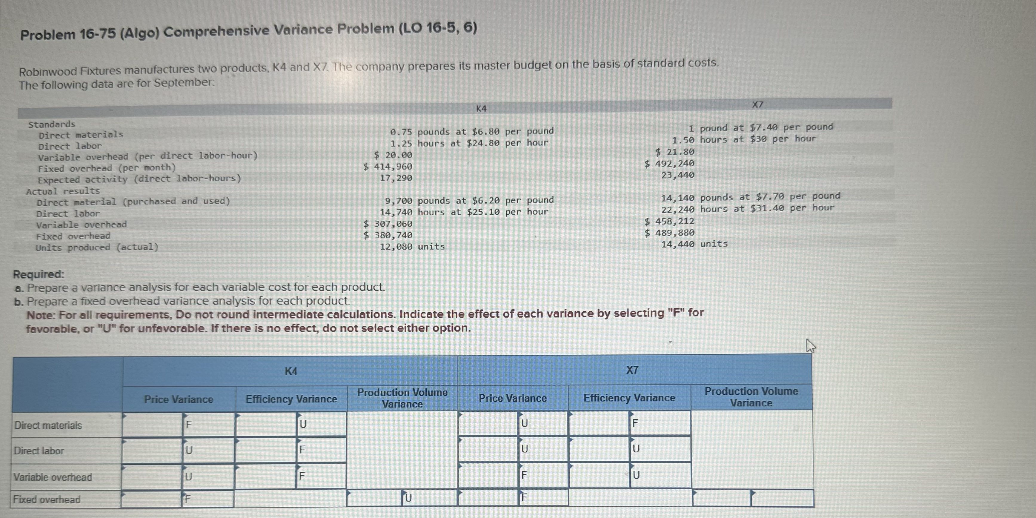 Problem 1 6 - 7 5 ( Algo ) Comprehensive Variance