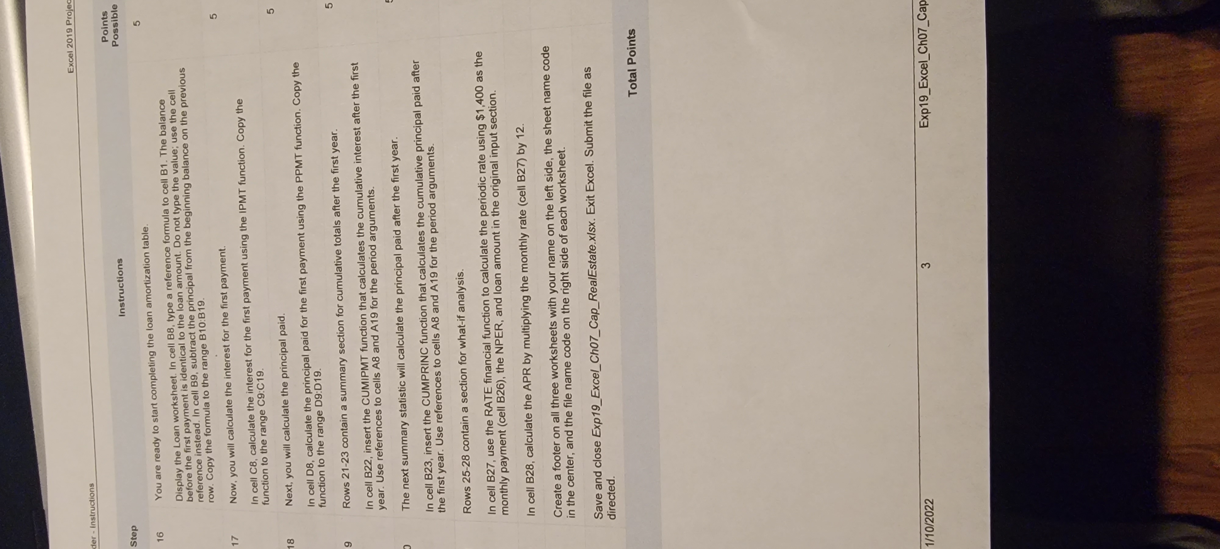 Excel 2019 Proje der - Instructions Points Step