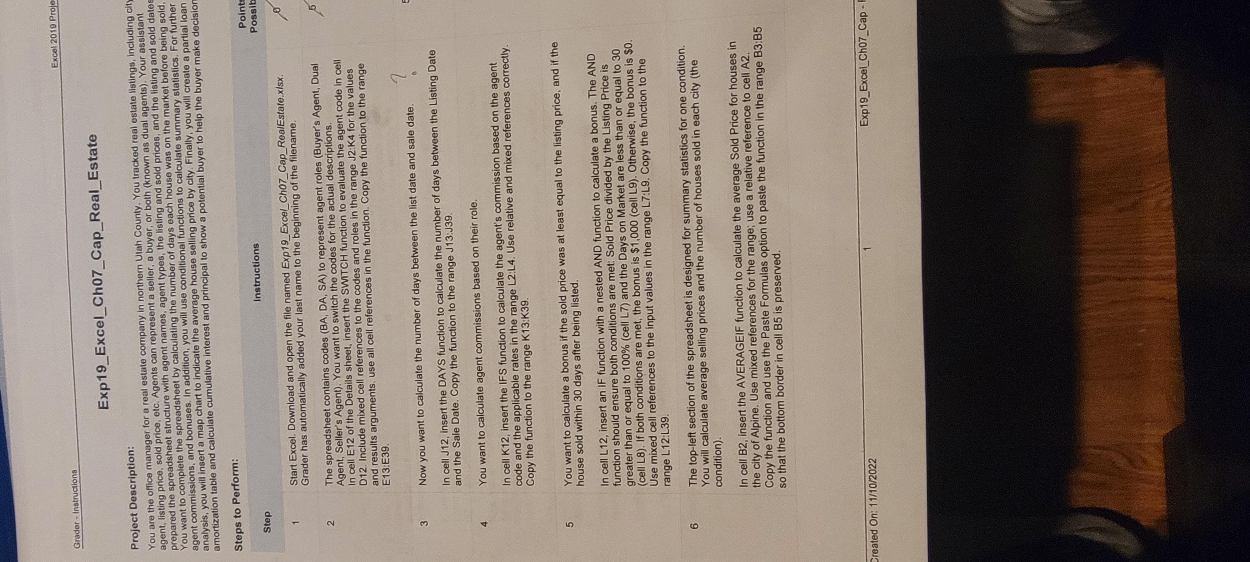 Excel 2019 Proje der - Instructions Points Step