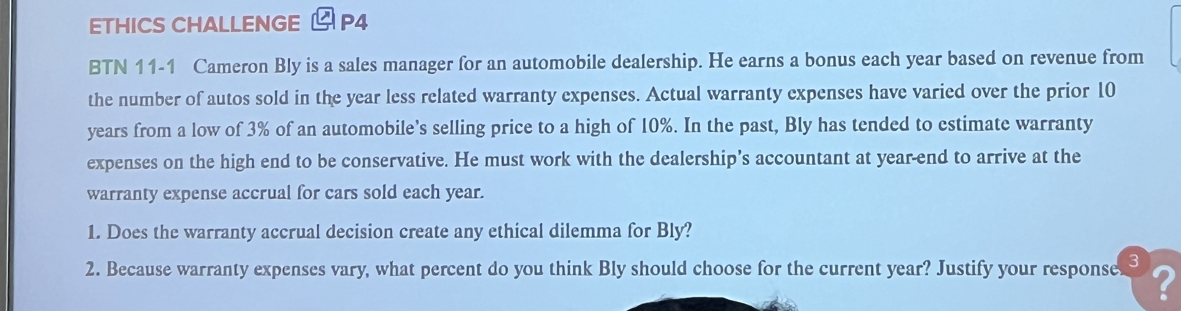 ETHICS CHALLENGE P 4 BTN 1 1 - 1 Cameron Bly is a