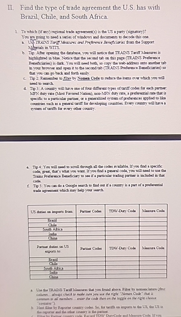 II . Find the type of trade agreement the U . S .