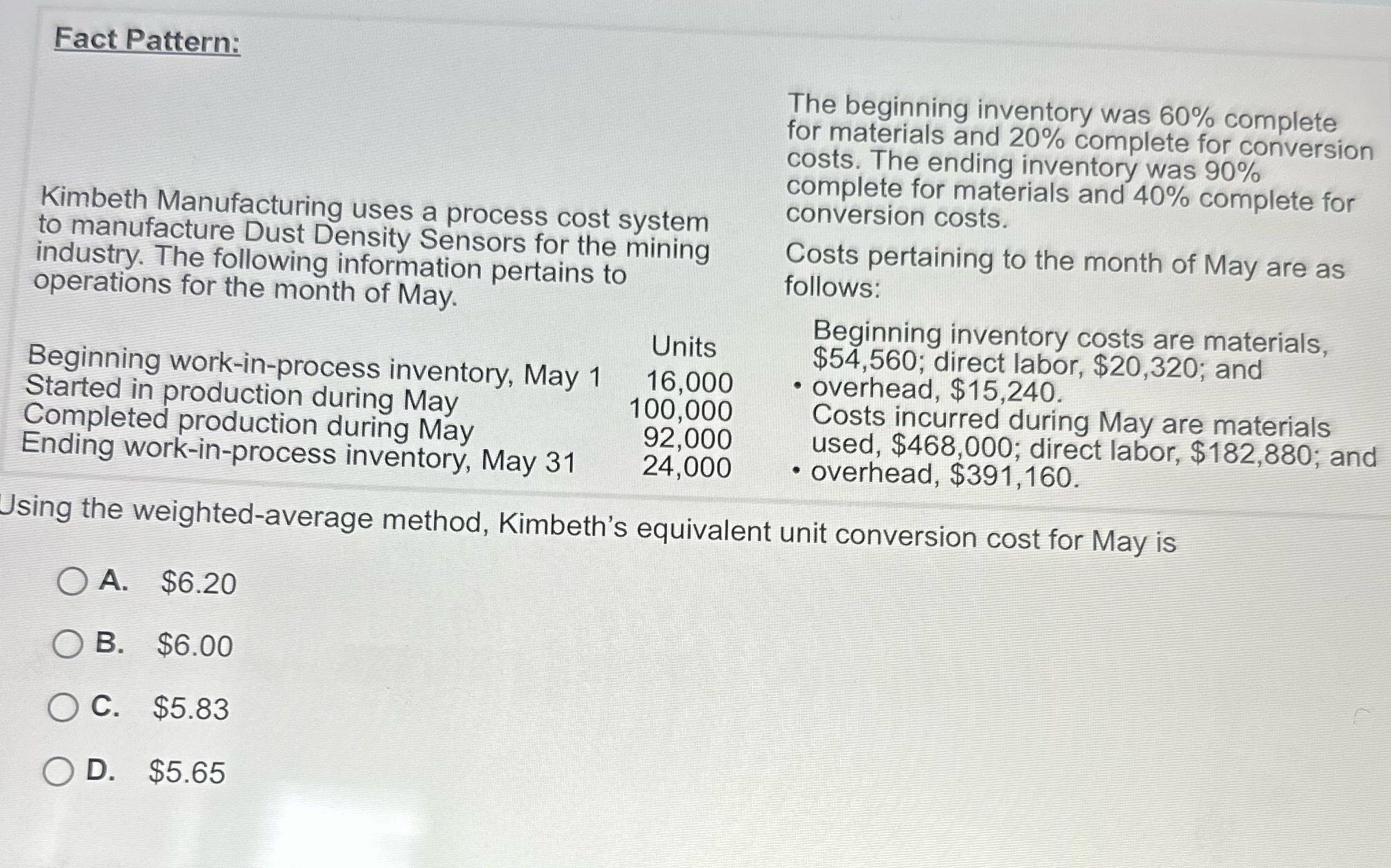 Fact Pattern: The beginning inventory was 60%