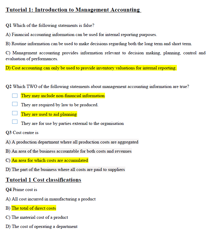 Tutorial 1: Introduction to Management Accounting