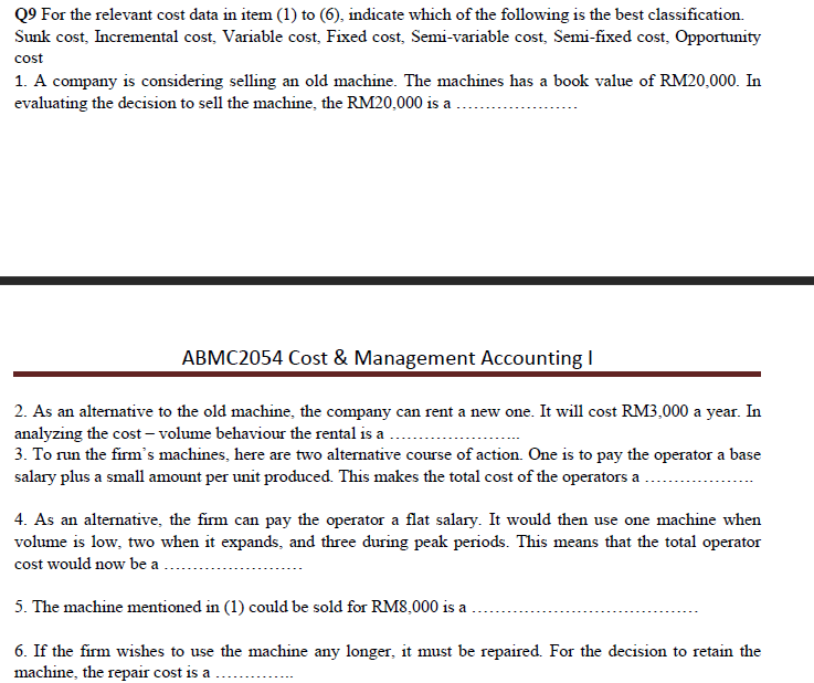 Tutorial 1: Introduction to Management Accounting