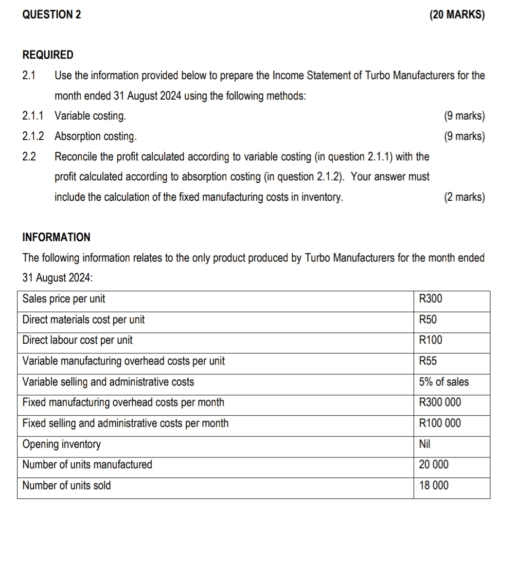 QUESTION 2 REQUIRED 2 . 1 Use the information