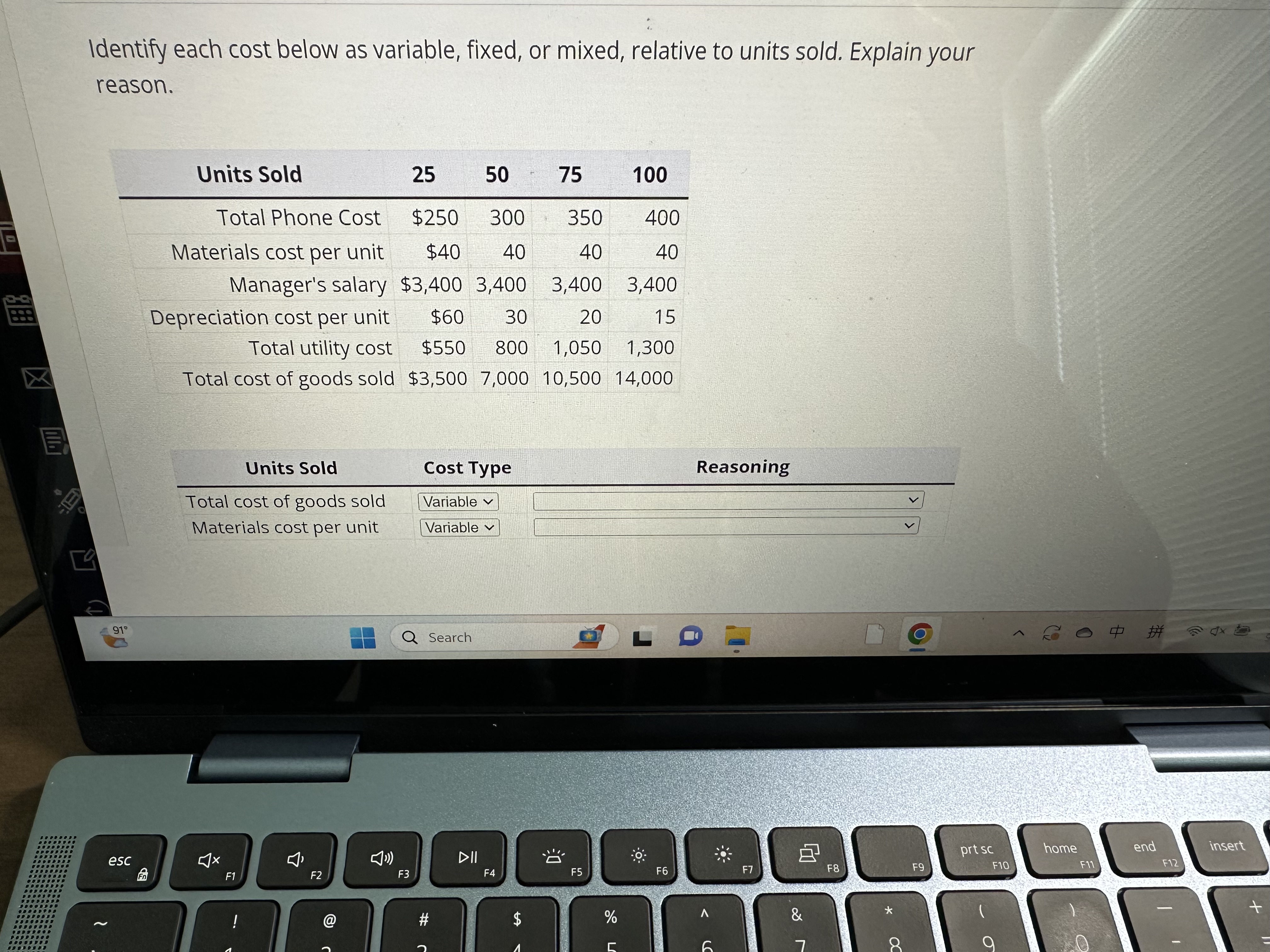 Identify each cost below as variable, fixed, or