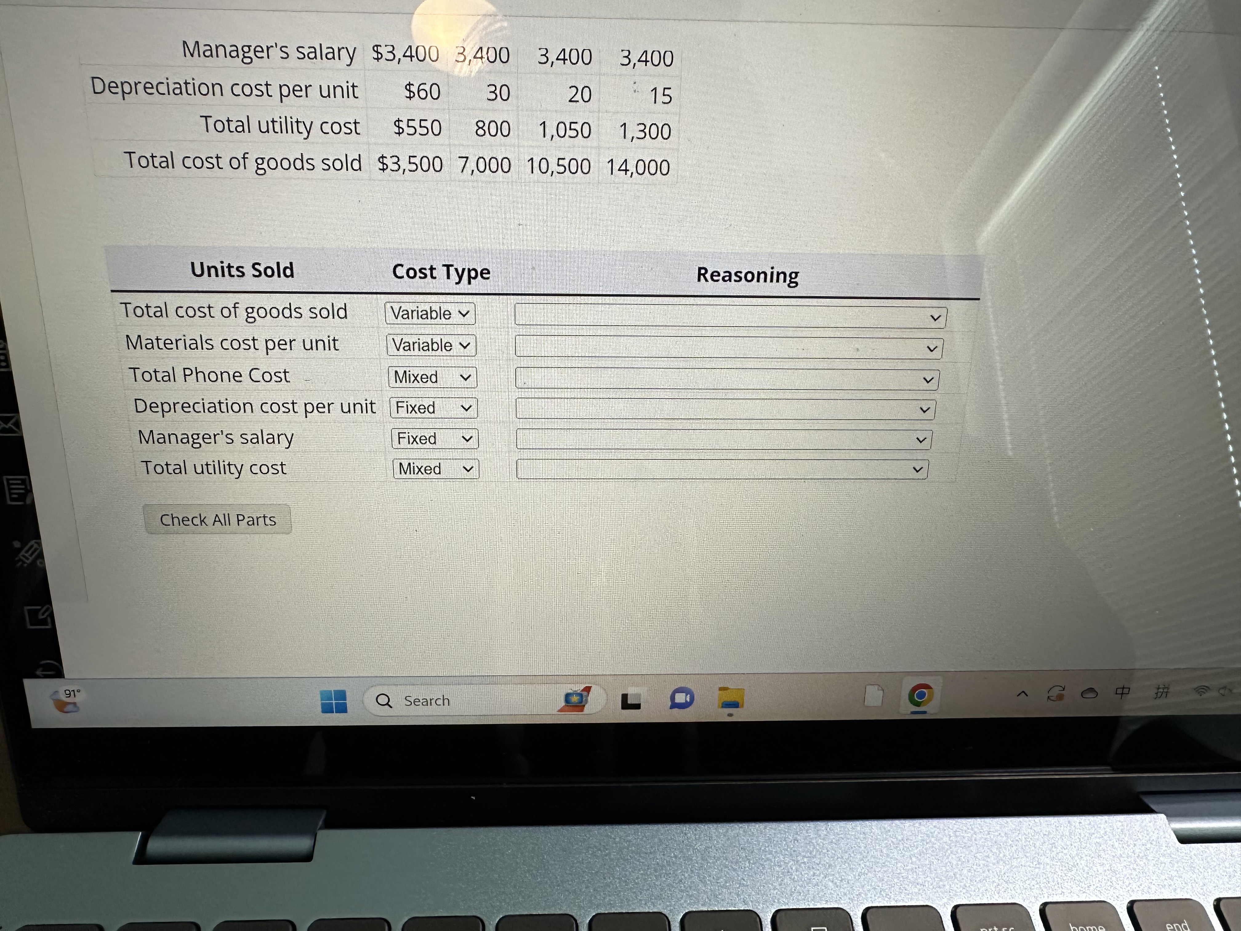 Identify each cost below as variable, fixed, or