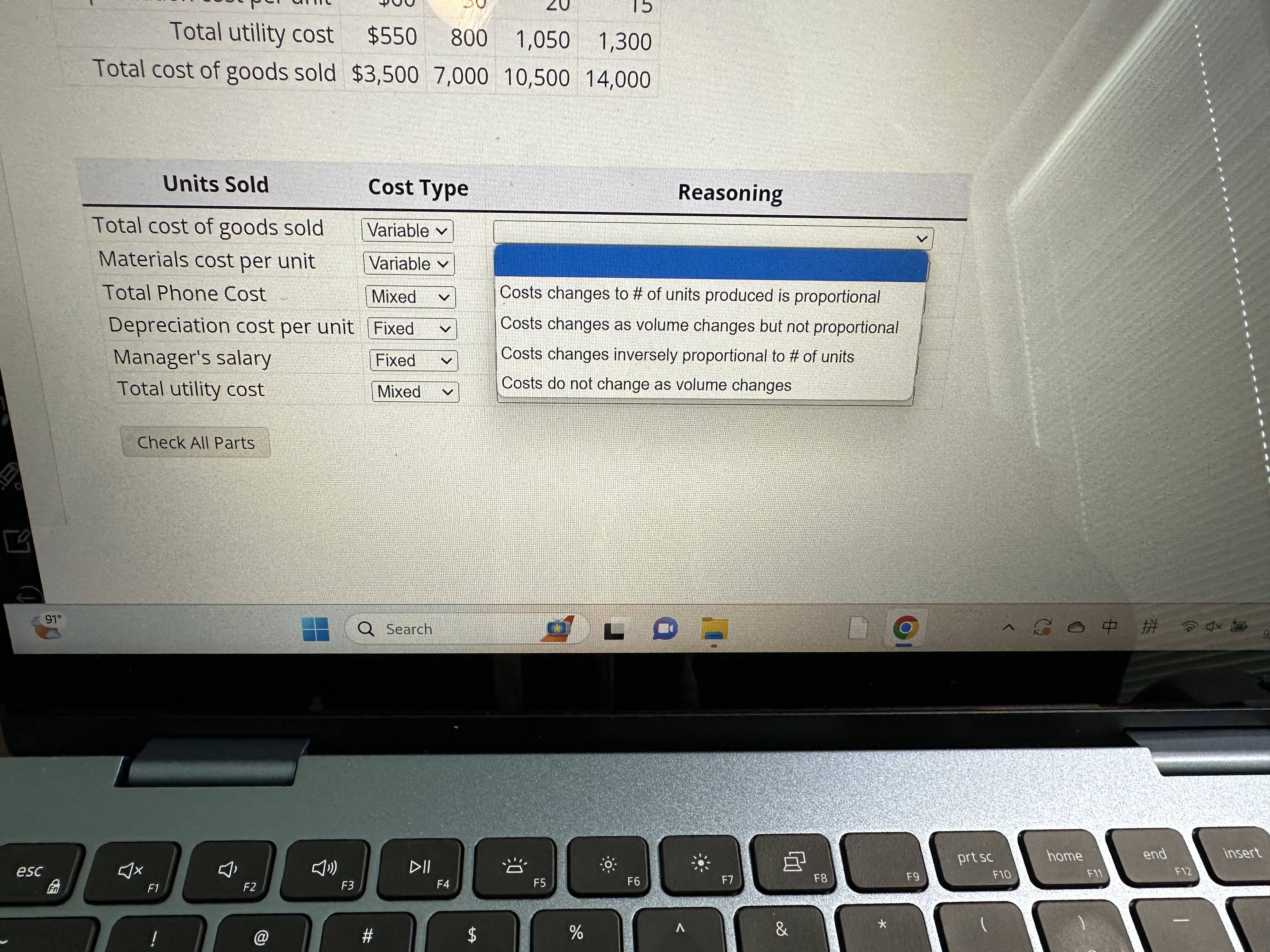 Identify each cost below as variable, fixed, or