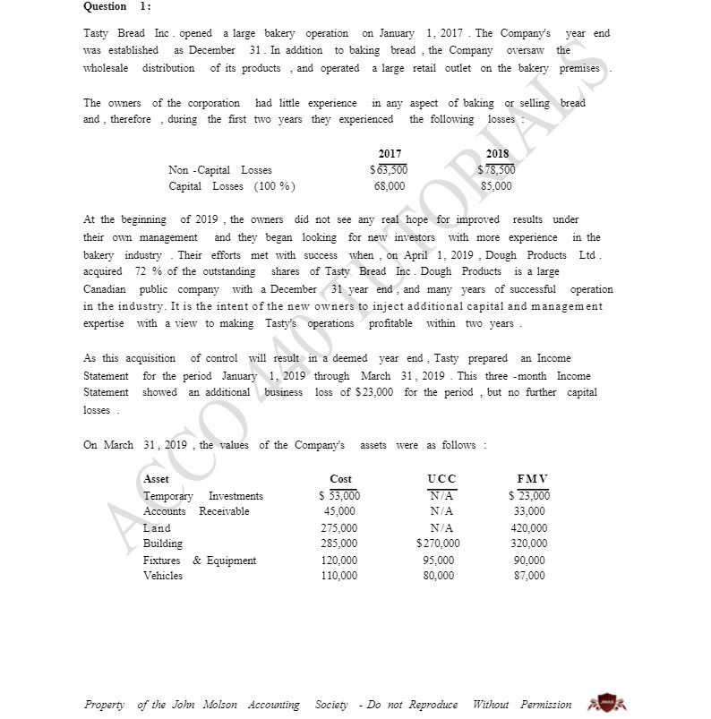 Question 1: Tasty Bread Inc . opened a large