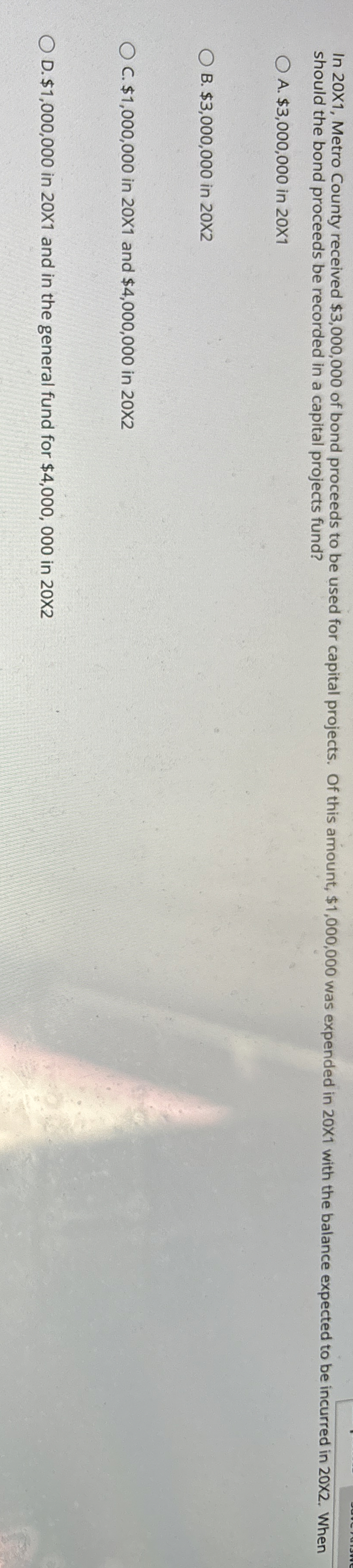 In 2 0 X 1 , Metro County received $ 3 , 0 0 0 ,