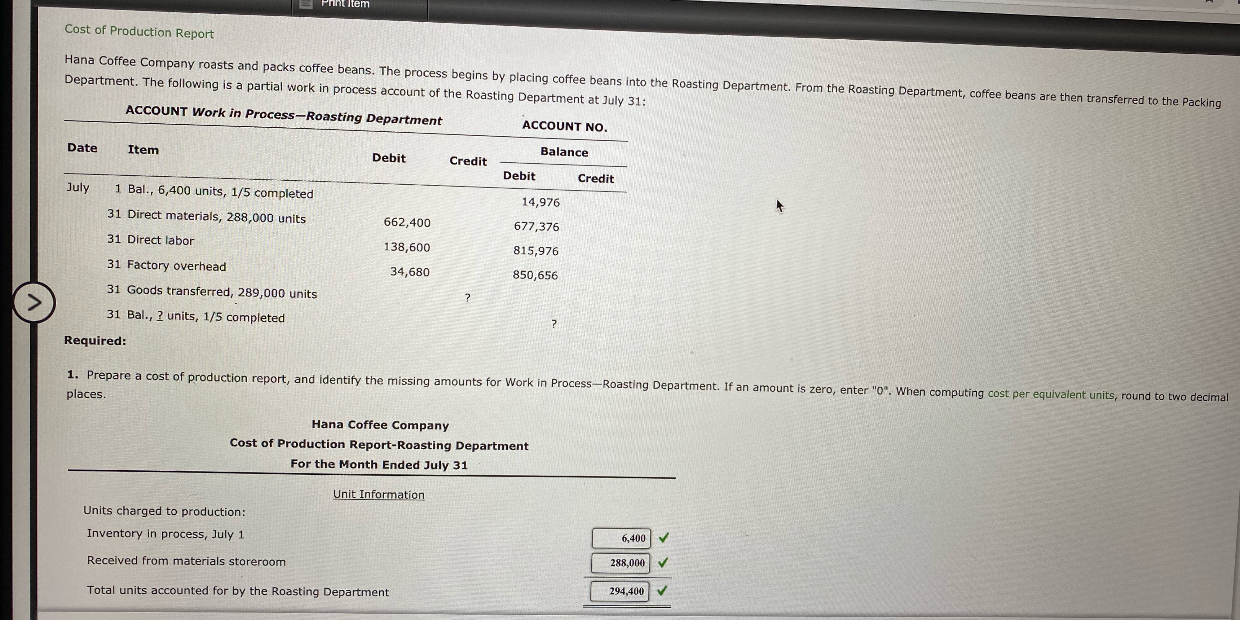 Print Item Cost of Production Report Hana Coffee