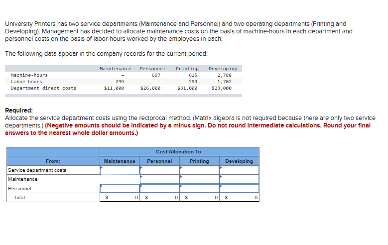 University Printers has two service departments (