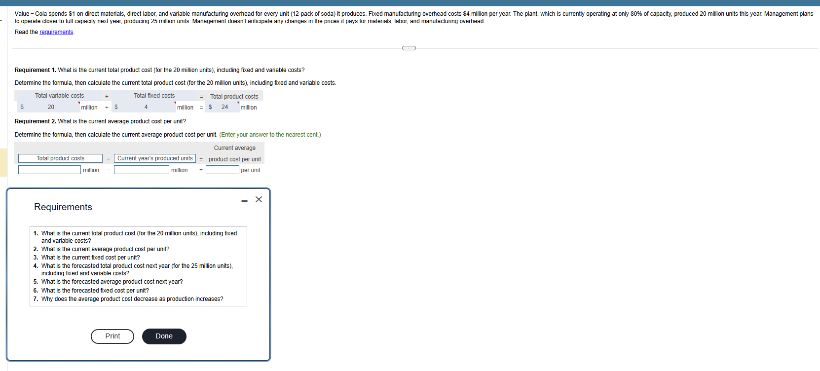 Value - Cola spends $1 on direct materials,