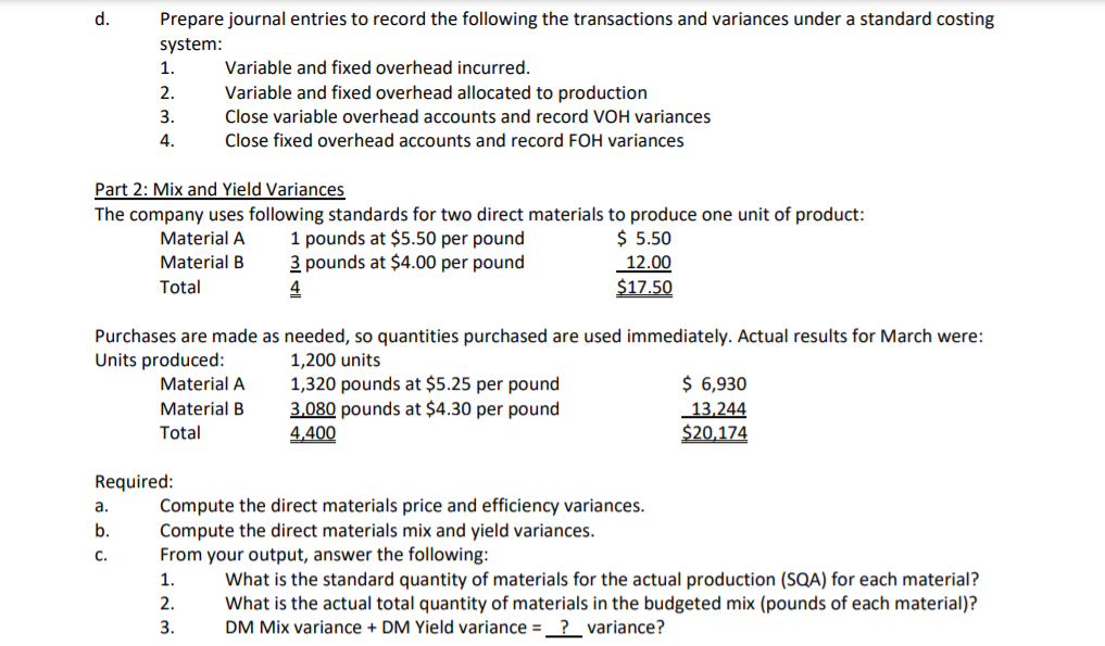Part 1: Variable and Fixed Overhead Variances and