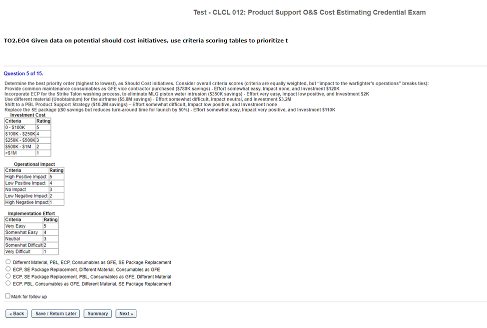 Test - CLCL 012: Product Support O&S Cost