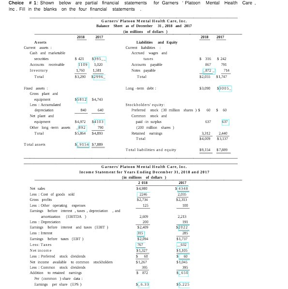 Choice # 1: Shown below are partial financial