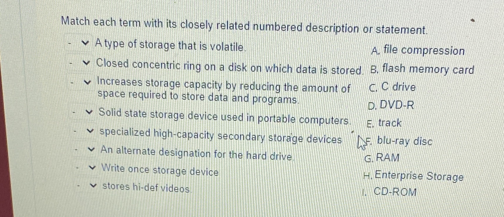 Match each term with its closely related numbered