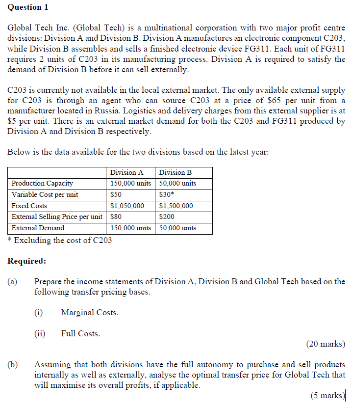 Question 1 Global Tech Ine. (Global Tech) is a