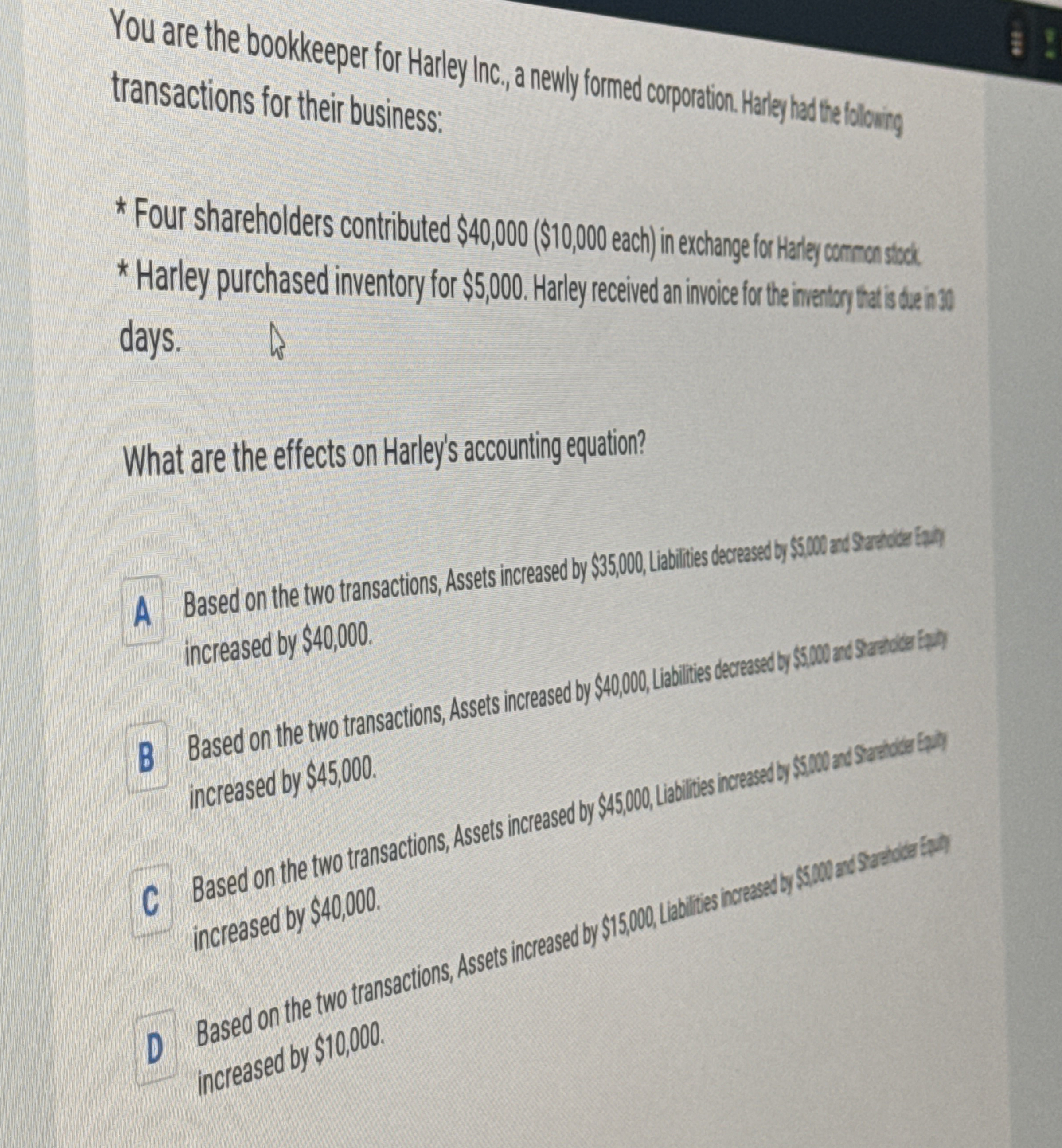 You are the bookkeeper for Harley Inc, a newly