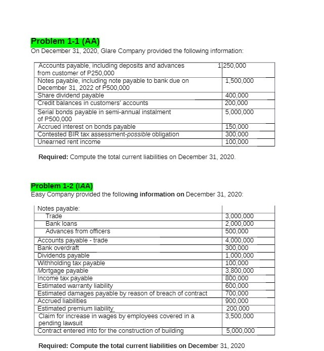 Problem 1-1 (AA) On December 31, 2020, Glare