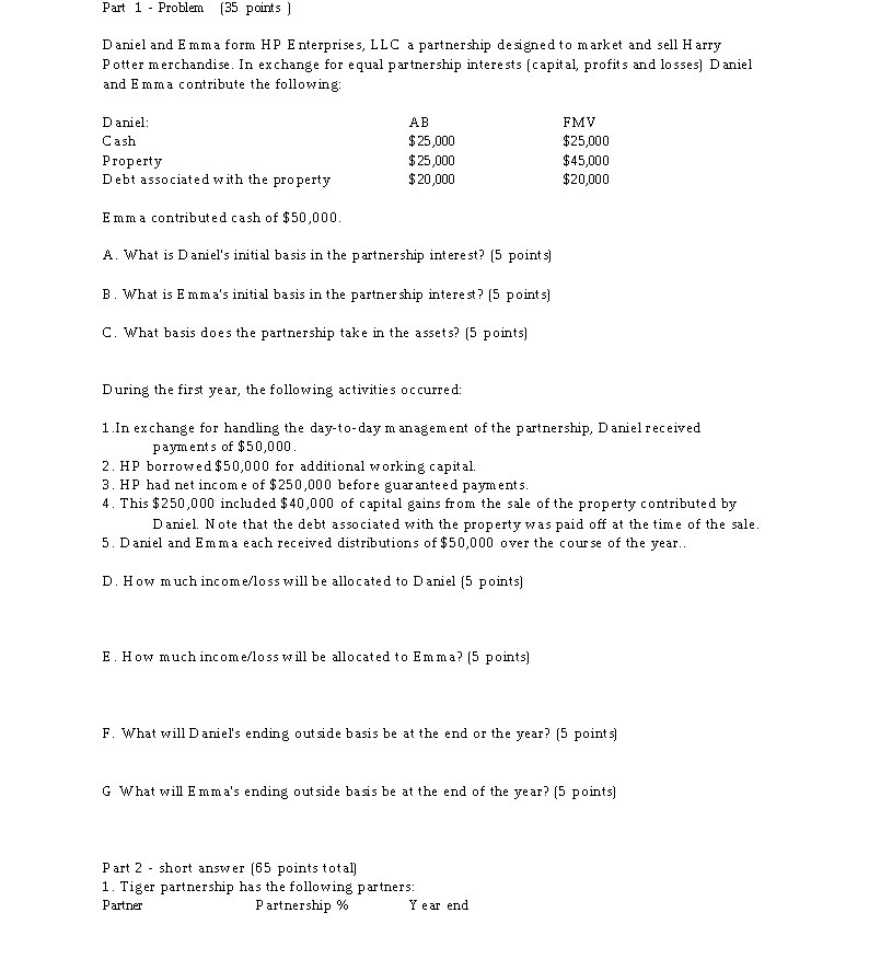 Part 1 - Problem (35 points ] Daniel and Emma